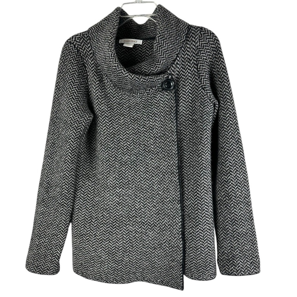 Ellen Tracy Wool Blend Crossover Cowl Thick Cardigan Herringbone Old Money Sz M